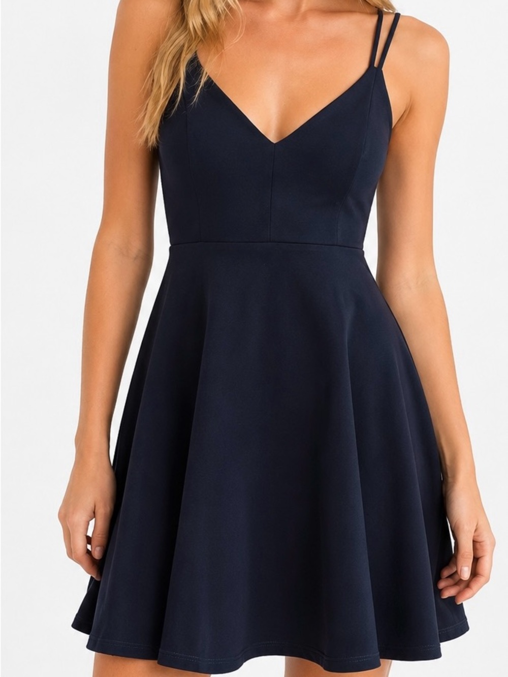 Windsor Navy Blue Plunging V-Neck Skater Mini Dress Size M Coquette Minimalist
